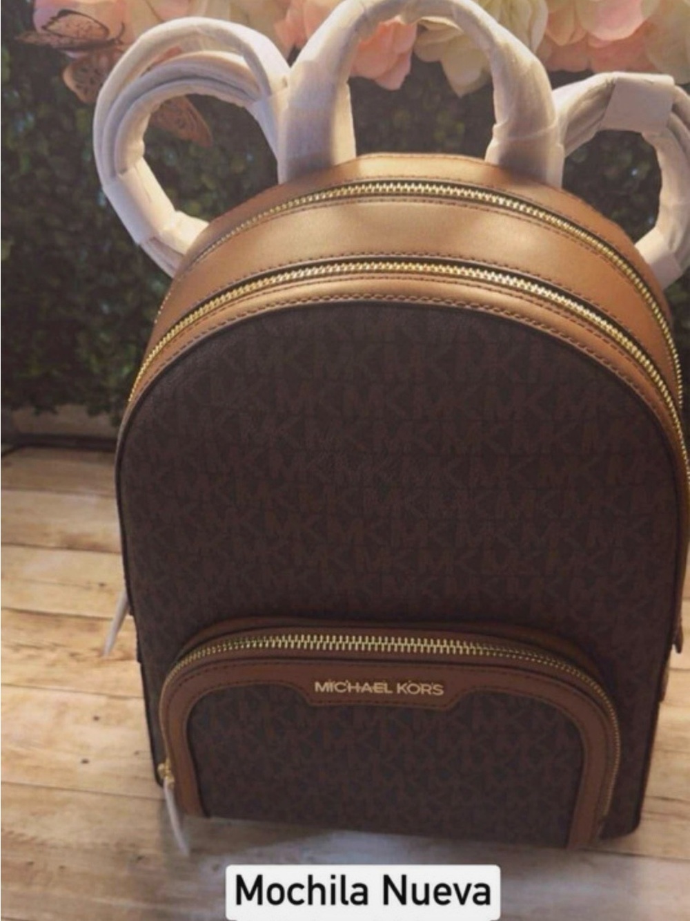 Michael Kors Dark Brown Logo Backpack with Tan Accents